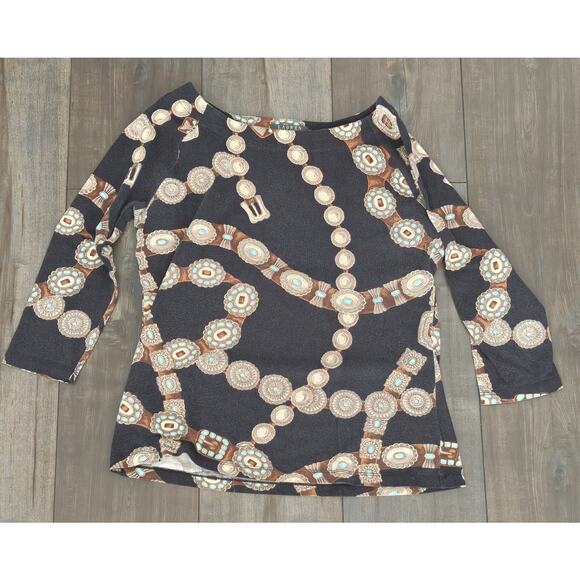 Lauren Ralph Lauren Petite PL Top Brown Chain Print Stretch Long Sleeve Shirt - Picture 1 of 7